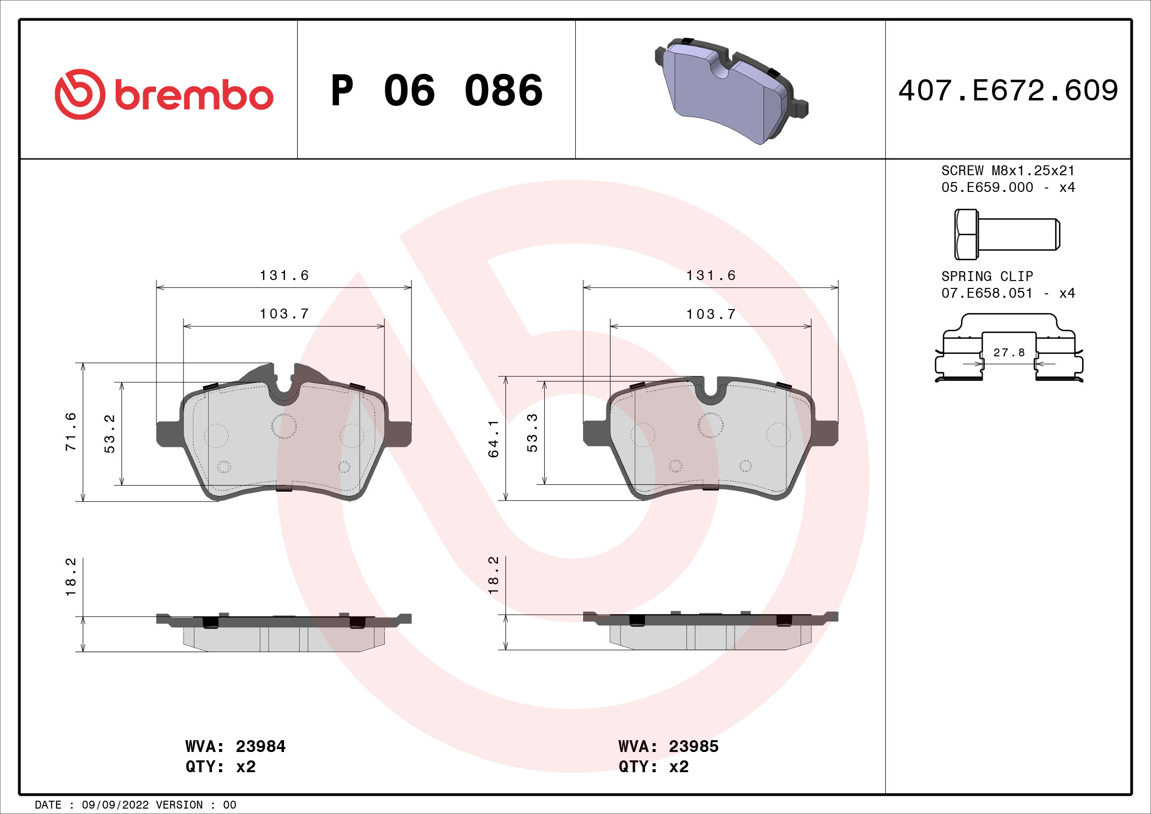 A.B.S. P 06 086 BREMBO Bremsbelagsatz, Scheibenbremse